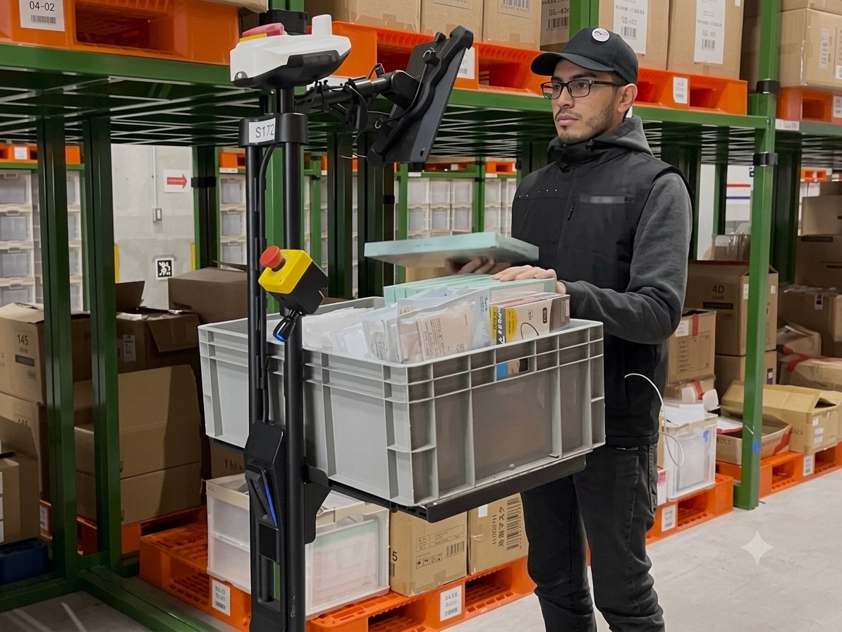 StockCrew operator picking into a tote on a Syrius PA-AMR cart